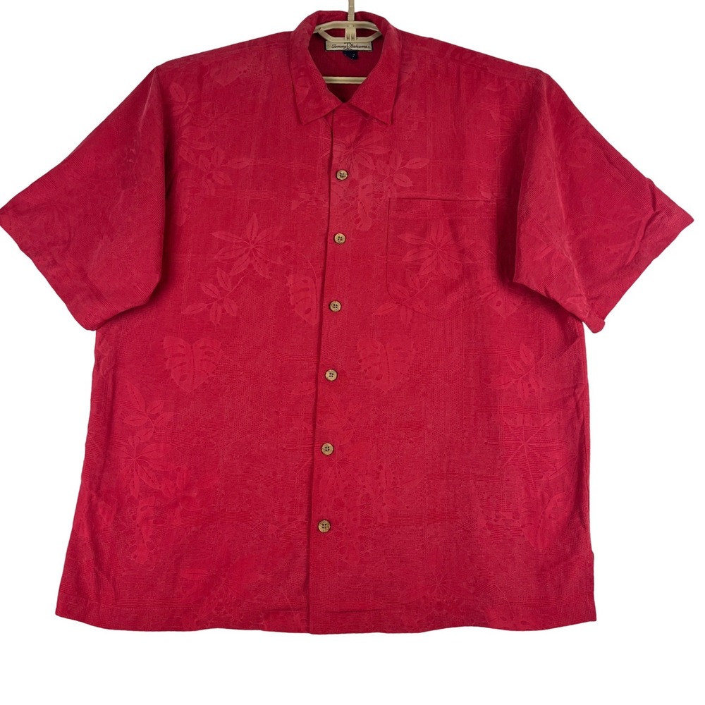 Tommy Bahama Camp Shirt Mens L Red‎ 100% Silk Tropical Jacquard Floral Button Up
